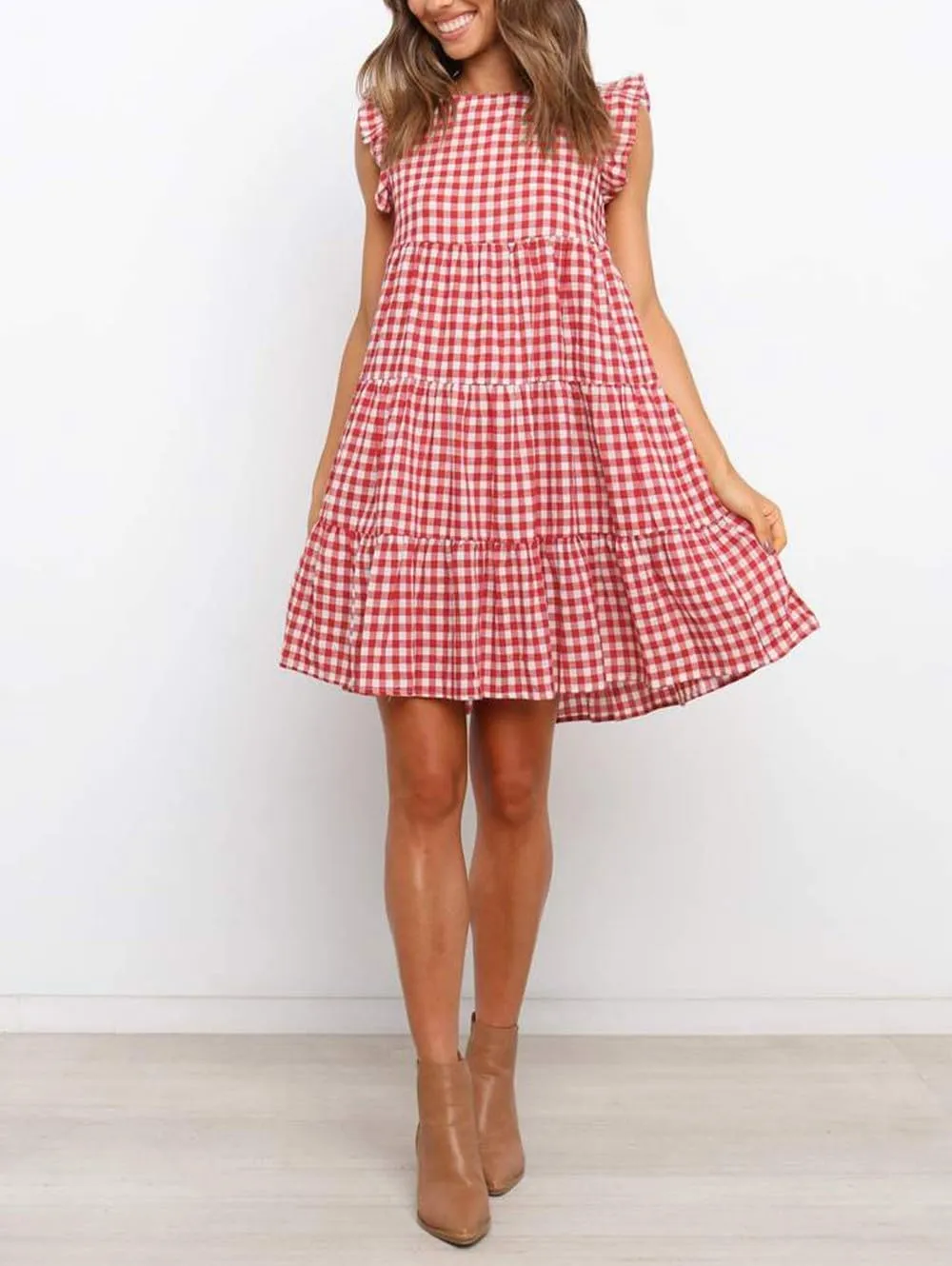 chouyatou Women's Summer Ruffle Puff Sleeve Babydoll Dress Cute Gingham Plaid Printed Tiered Midi Dress