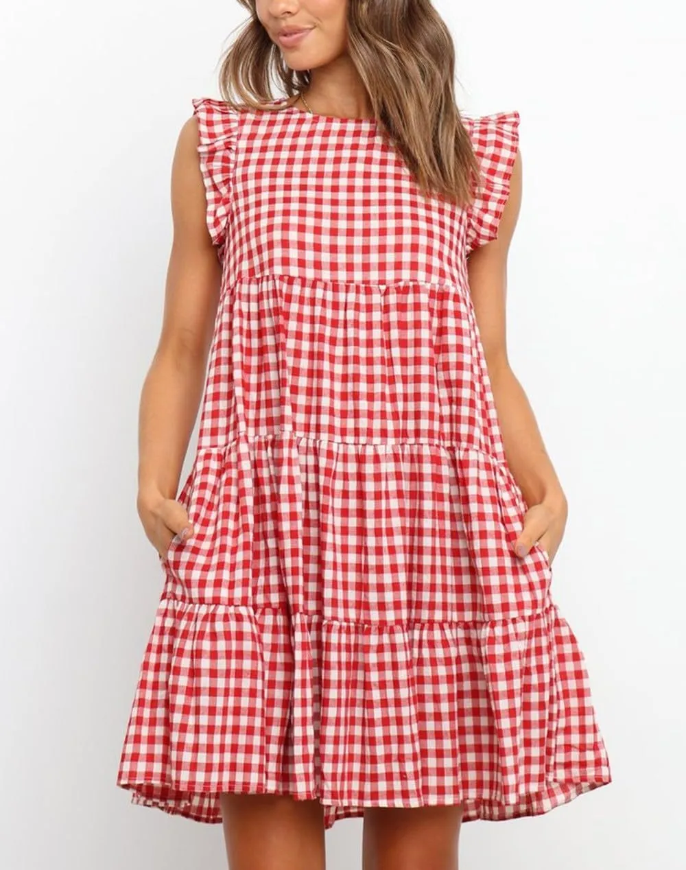 chouyatou Women's Summer Ruffle Puff Sleeve Babydoll Dress Cute Gingham Plaid Printed Tiered Midi Dress