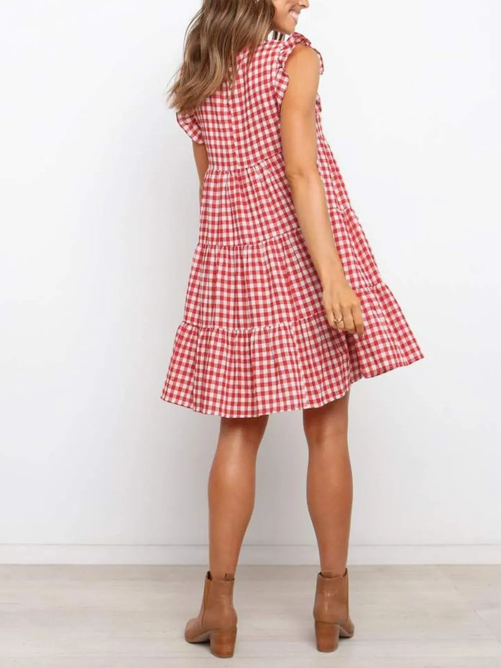 chouyatou Women's Summer Ruffle Puff Sleeve Babydoll Dress Cute Gingham Plaid Printed Tiered Midi Dress