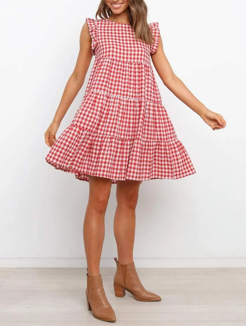 chouyatou Women's Summer Ruffle Puff Sleeve Babydoll Dress Cute Gingham Plaid Printed Tiered Midi Dress