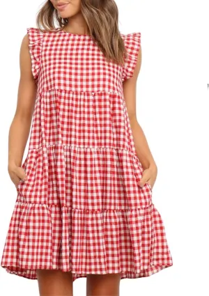 chouyatou Women's Summer Ruffle Puff Sleeve Babydoll Dress Cute Gingham Plaid Printed Tiered Midi Dress