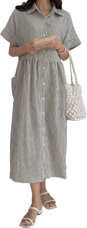 chouyatou Women's Summer Striped Button Down Cotton Linen Dress Lapel Loose Maxi Shirt Dress with Pockets