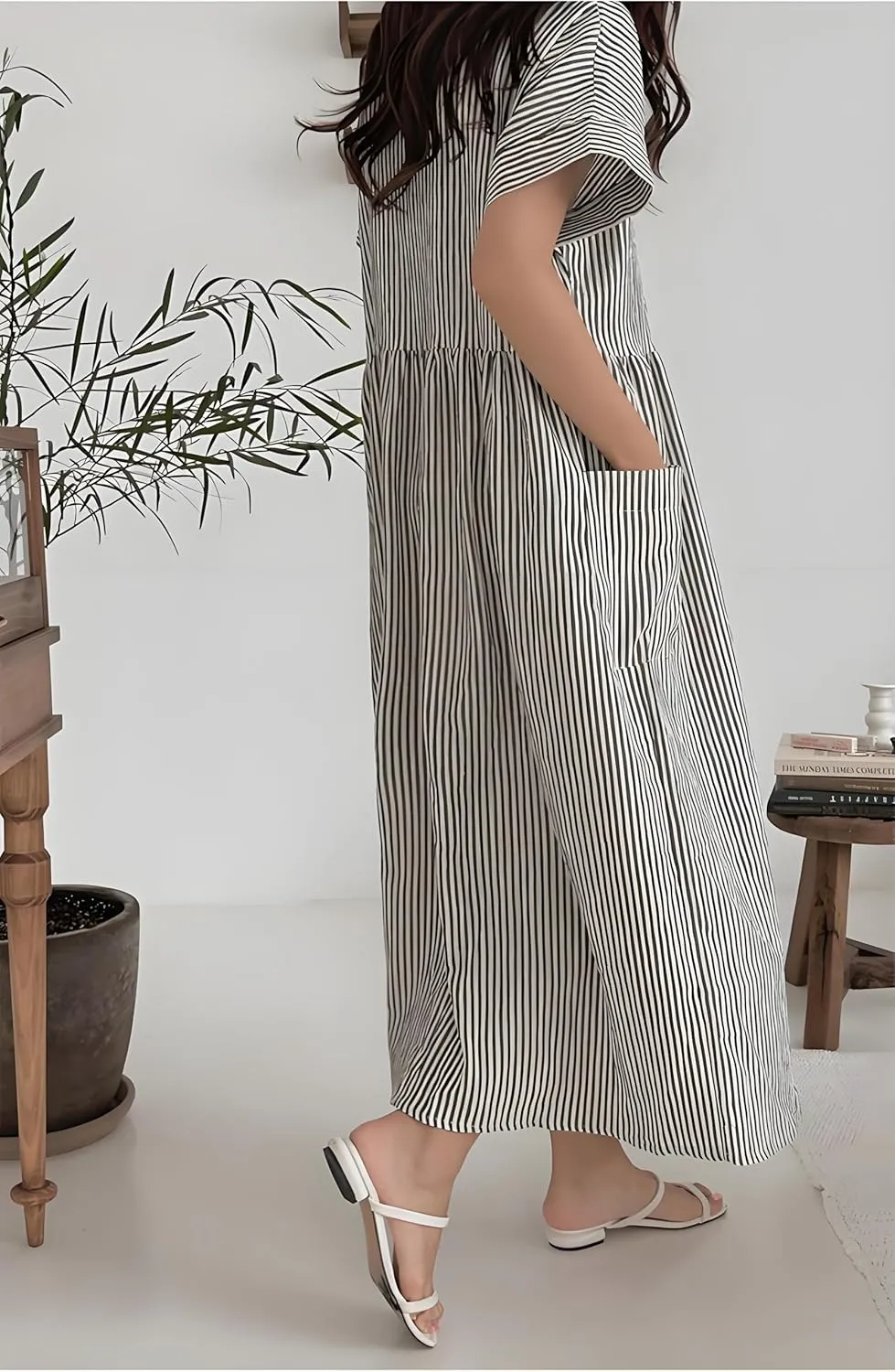 chouyatou Women's Summer Striped Button Down Cotton Linen Dress Lapel Loose Maxi Shirt Dress with Pockets
