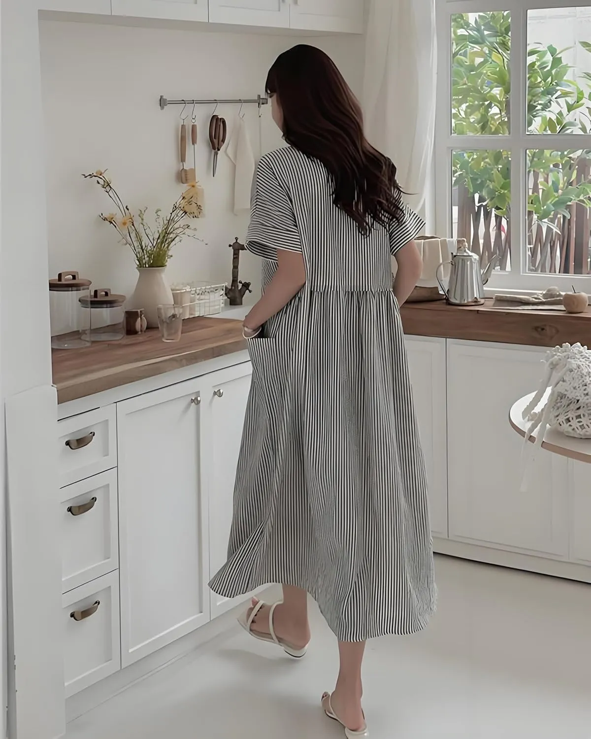 chouyatou Women's Summer Striped Button Down Cotton Linen Dress Lapel Loose Maxi Shirt Dress with Pockets