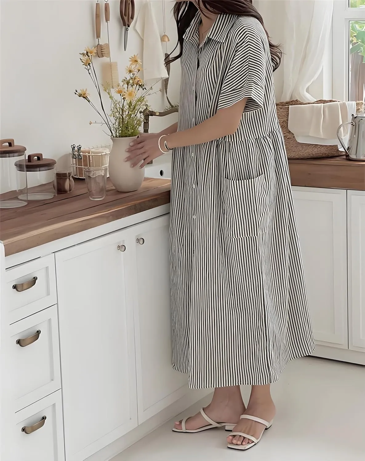 chouyatou Women's Summer Striped Button Down Cotton Linen Dress Lapel Loose Maxi Shirt Dress with Pockets