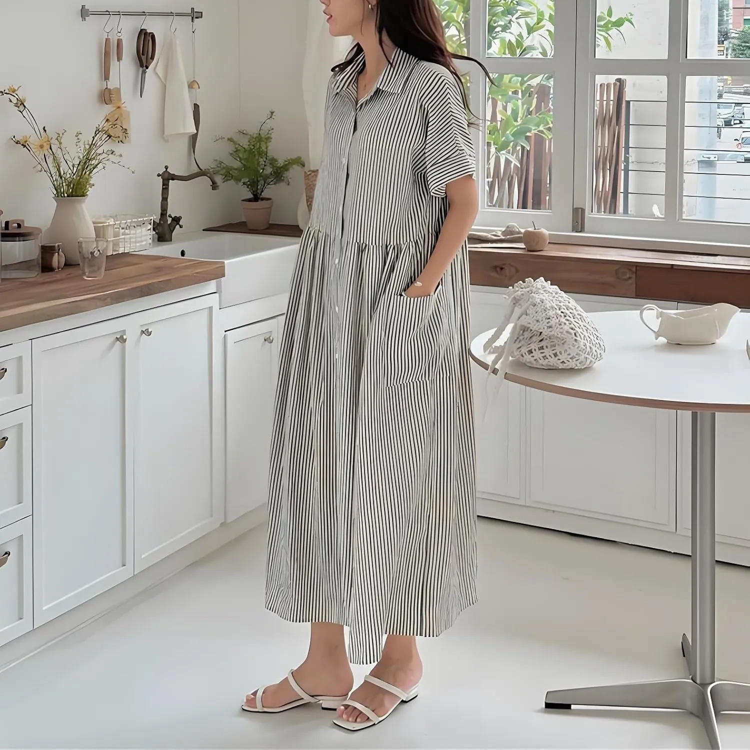 chouyatou Women's Summer Striped Button Down Cotton Linen Dress Lapel Loose Maxi Shirt Dress with Pockets