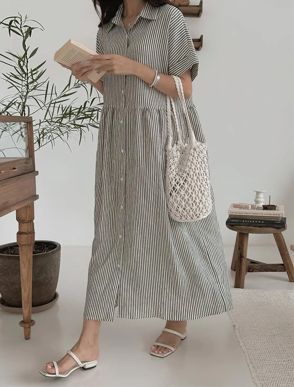 chouyatou Women's Summer Striped Button Down Cotton Linen Dress Lapel Loose Maxi Shirt Dress with Pockets
