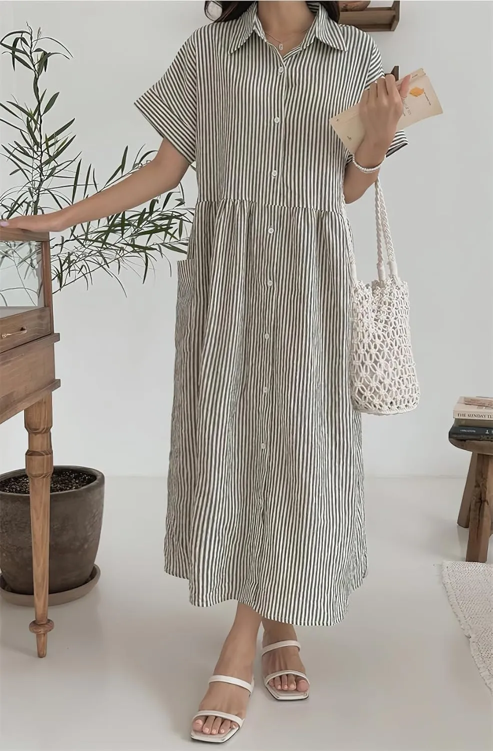 chouyatou Women's Summer Striped Button Down Cotton Linen Dress Lapel Loose Maxi Shirt Dress with Pockets