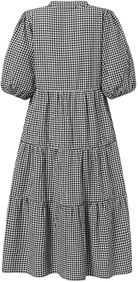 chouyatou Women's Y2k Plaid Babydoll Ruffle Dress Puff Short Sleeve Notch Neck Swing Midi Dress