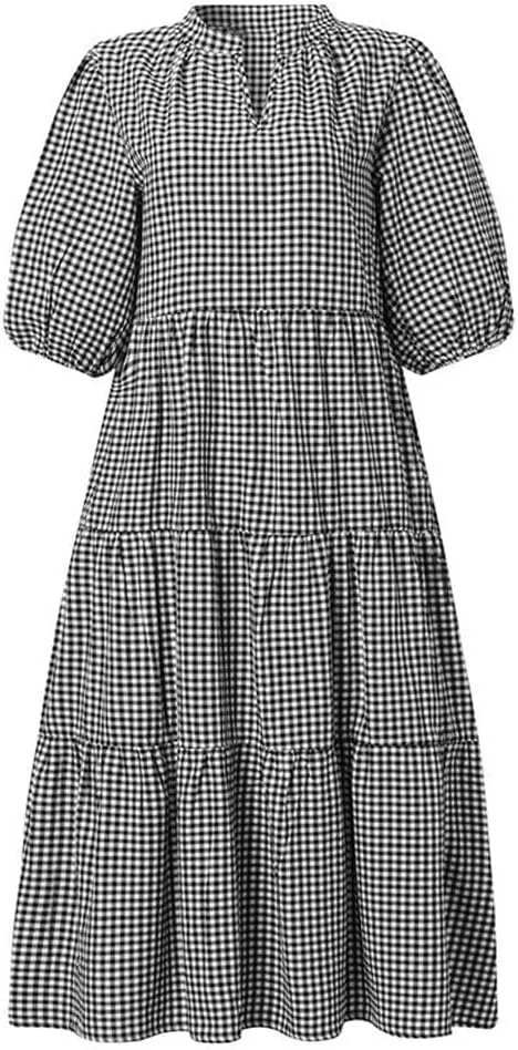chouyatou Women's Y2k Plaid Babydoll Ruffle Dress Puff Short Sleeve Notch Neck Swing Midi Dress