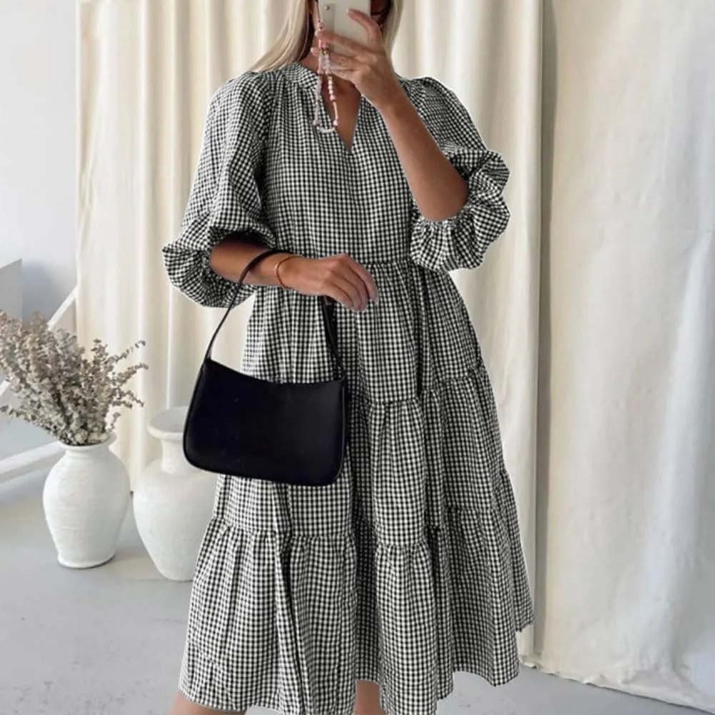 chouyatou Women's Y2k Plaid Babydoll Ruffle Dress Puff Short Sleeve Notch Neck Swing Midi Dress