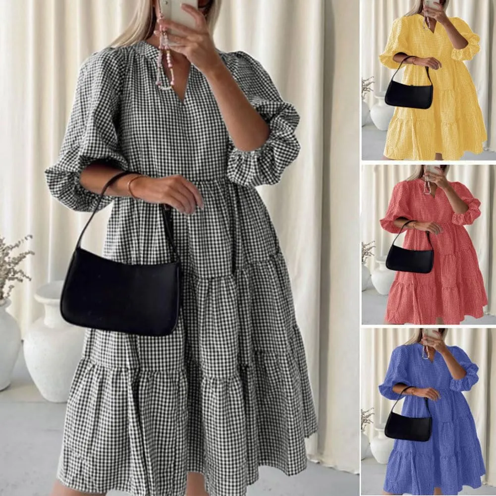 chouyatou Women's Y2k Plaid Babydoll Ruffle Dress Puff Short Sleeve Notch Neck Swing Midi Dress