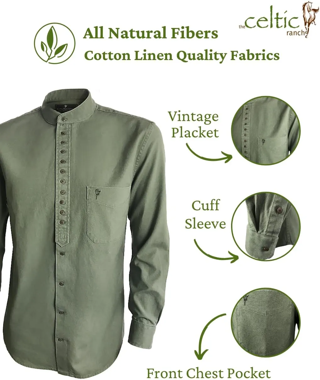 Collarless Shirt for Men, Irish Grandfather Cotton Linen Long Sleeve Button Down Banded Collar Dress Shirt