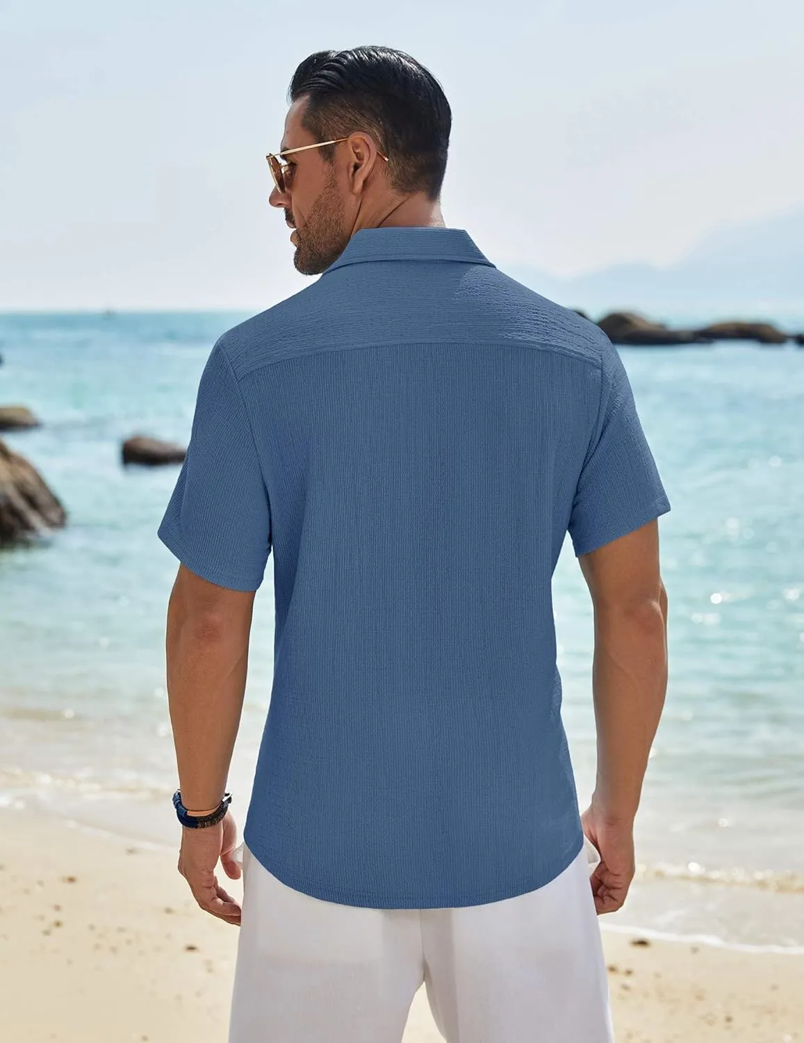 COOFANDY Mens Casual Button Down Shirt Short Sleeve Textured Shirt Summer Beach Vacation Shirts with Pocket