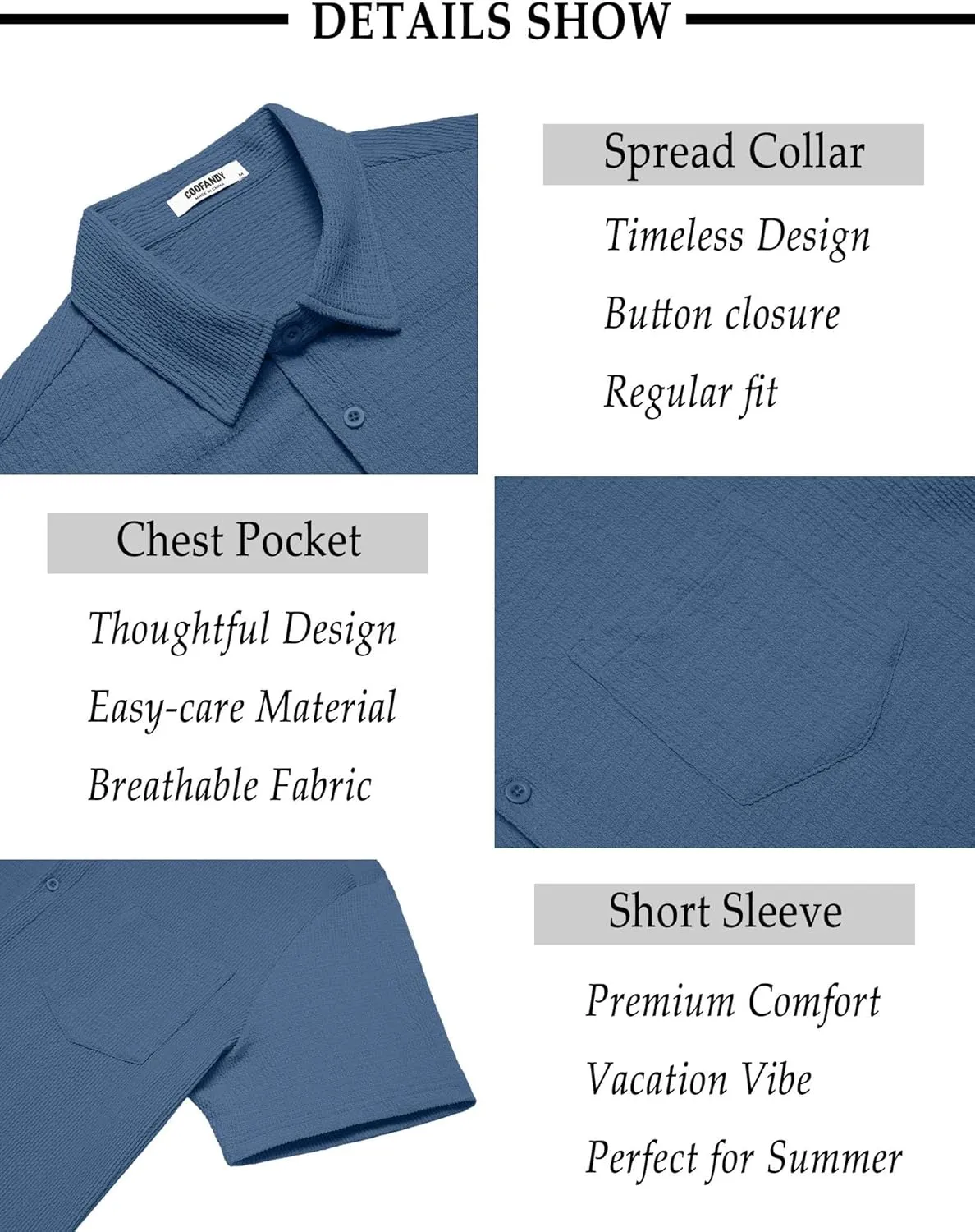 COOFANDY Mens Casual Button Down Shirt Short Sleeve Textured Shirt Summer Beach Vacation Shirts with Pocket