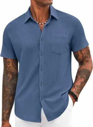 COOFANDY Mens Casual Button Down Shirt Short Sleeve Textured Shirt Summer Beach Vacation Shirts with Pocket