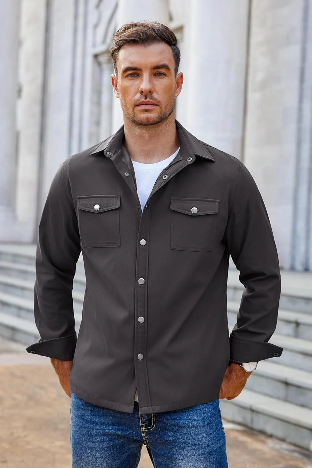 COOFANDY Men's Casual Lightweight Shirt Jacket Work Shacket Jackets Military Button Down Overshirt With Flap Pockets