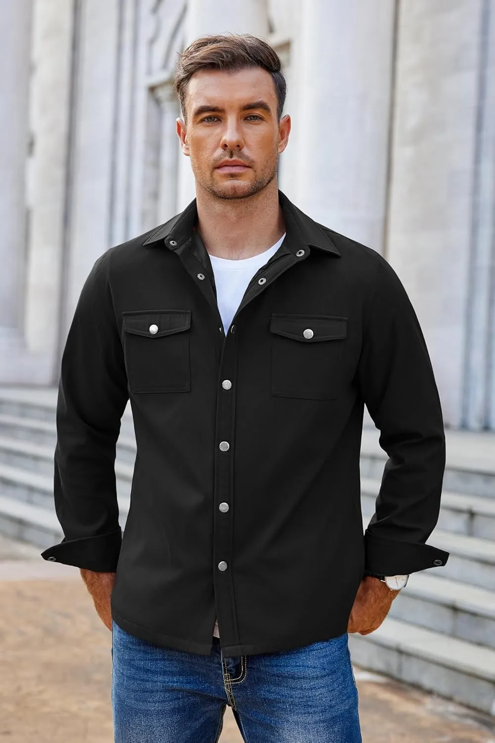 COOFANDY Men's Casual Lightweight Shirt Jacket Work Shacket Jackets Military Button Down Overshirt With Flap Pockets