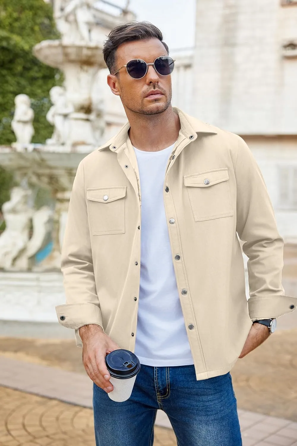 COOFANDY Men's Casual Lightweight Shirt Jacket Work Shacket Jackets Military Button Down Overshirt With Flap Pockets
