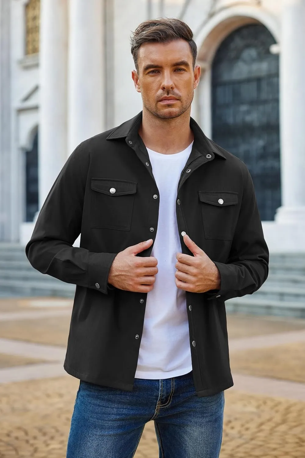 COOFANDY Men's Casual Lightweight Shirt Jacket Work Shacket Jackets Military Button Down Overshirt With Flap Pockets
