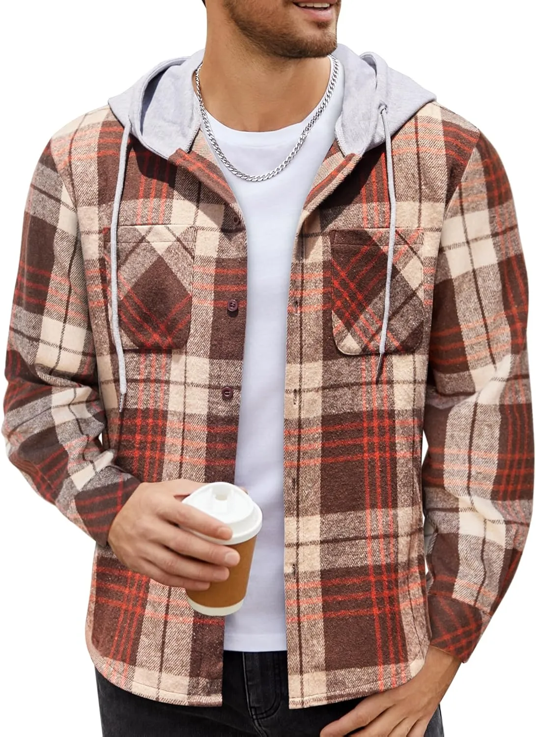 COOFANDY Men's Flannel Hoodie Plaid Shirt Long Sleeve Button Down Casual Shirt Jacket Lightweight Fall Shacket