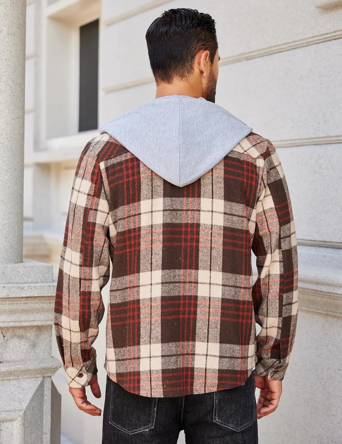 COOFANDY Men's Flannel Hoodie Plaid Shirt Long Sleeve Button Down Casual Shirt Jacket Lightweight Fall Shacket