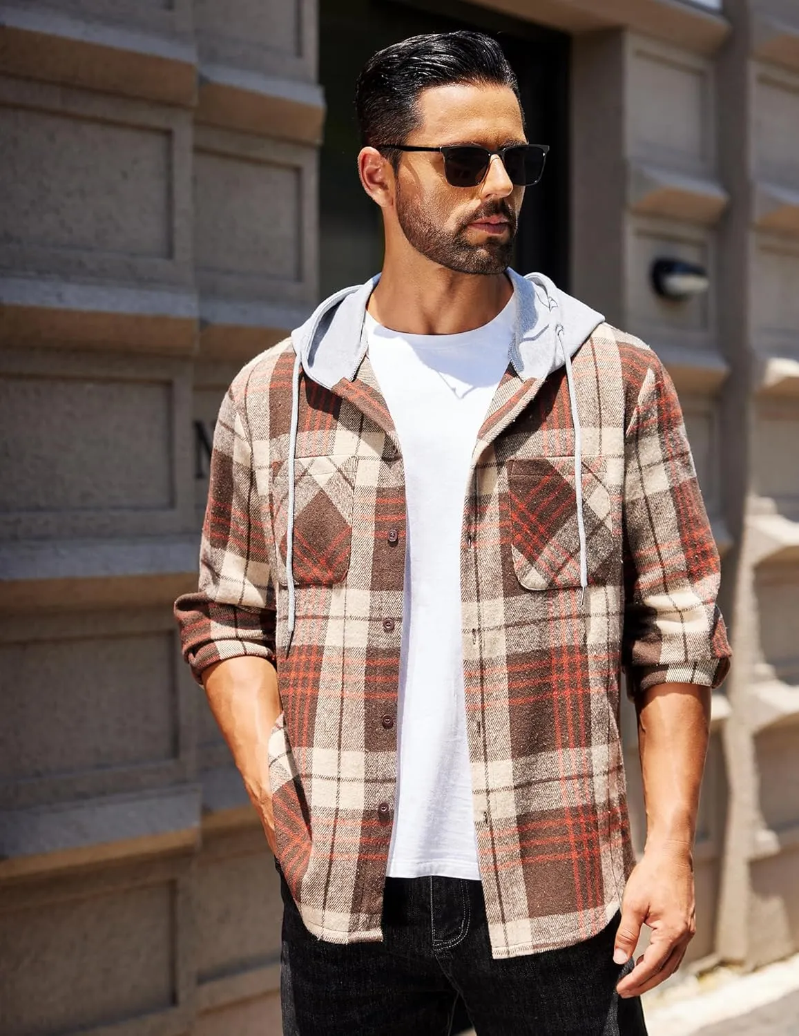 COOFANDY Men's Flannel Hoodie Plaid Shirt Long Sleeve Button Down Casual Shirt Jacket Lightweight Fall Shacket