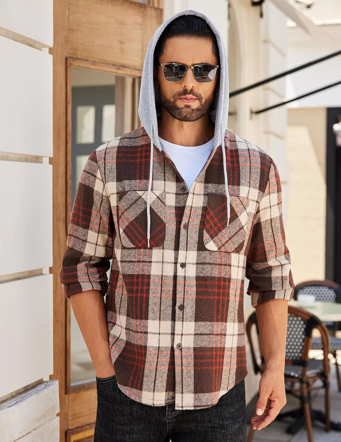 COOFANDY Men's Flannel Hoodie Plaid Shirt Long Sleeve Button Down Casual Shirt Jacket Lightweight Fall Shacket