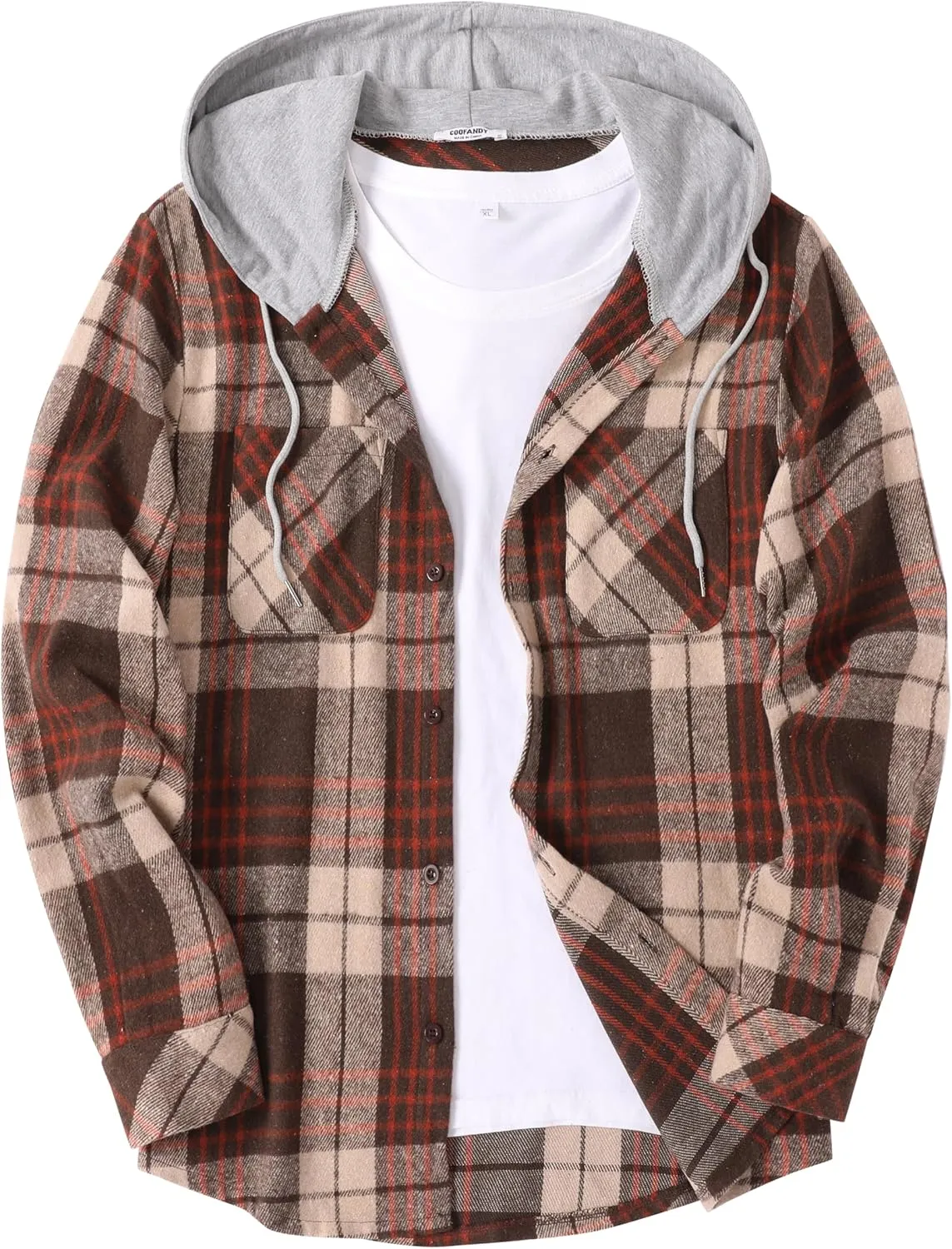 COOFANDY Men's Flannel Hoodie Plaid Shirt Long Sleeve Button Down Casual Shirt Jacket Lightweight Fall Shacket