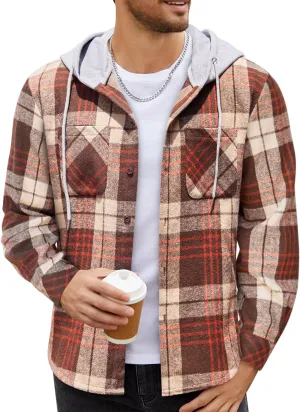 COOFANDY Men's Flannel Hoodie Plaid Shirt Long Sleeve Button Down Casual Shirt Jacket Lightweight Fall Shacket