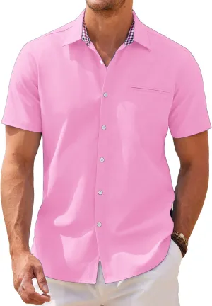 COOFANDY Men's Short Sleeve Oxford Dress Shirt Chambray Button Down Work Shirt Casual Plaid Collar Shirts