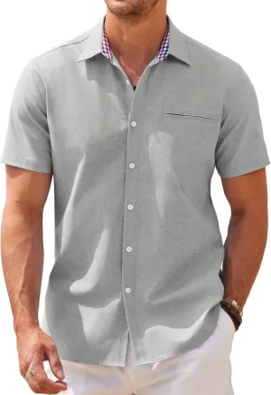 COOFANDY Men's Short Sleeve Oxford Dress Shirt Chambray Button Down Work Shirt Casual Plaid Collar Shirts