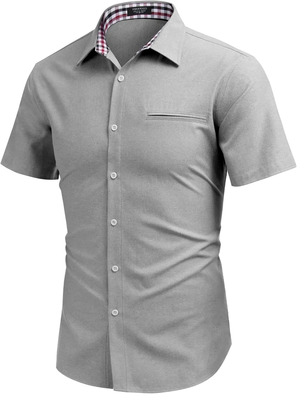 COOFANDY Men's Short Sleeve Oxford Dress Shirt Chambray Button Down Work Shirt Casual Plaid Collar Shirts