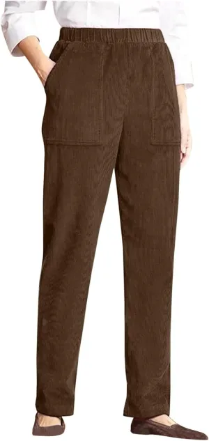 Corduroy Pants for Women Vintage Elastic Long Pants High Waist Straight Wide Leg Pants Trendy Work Lounge Trousers