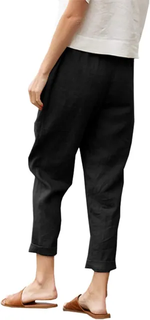 Costaric Womens Summer Casual Linen Capris Pant High Elastic Waist Comfy Loose Wide Leg Beach Linen Trousers with Pockets