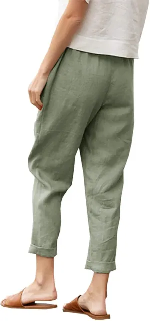 Costaric Womens Summer Casual Linen Capris Pant High Elastic Waist Comfy Loose Wide Leg Beach Linen Trousers with Pockets
