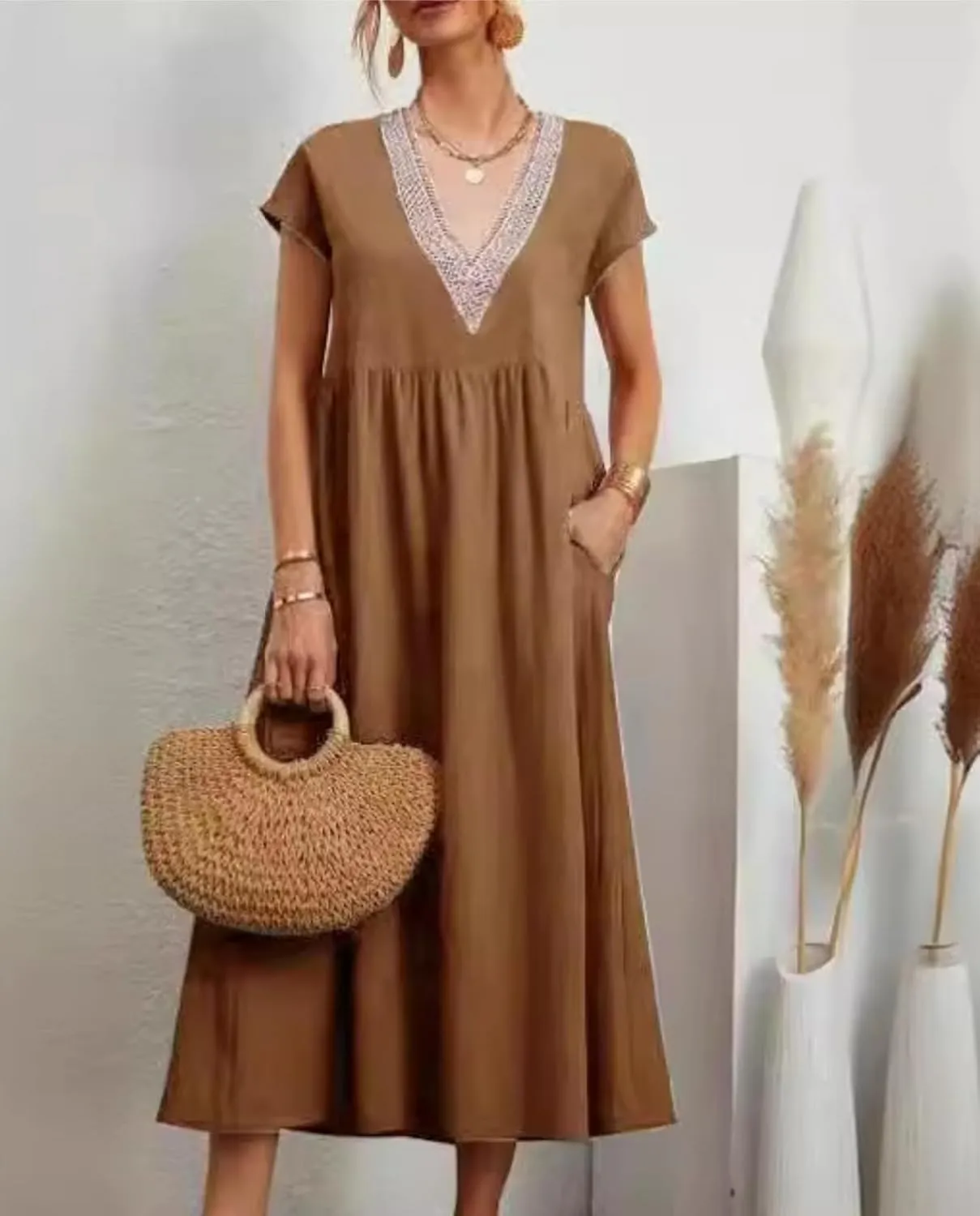 Cotton Linen Dress Women 2025 Boho V Neck 3/4 Sleeve Flowy Midi Dress Spring Fashion Casual Sundress for Beach Vacation