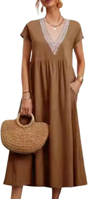 Cotton Linen Dress Women 2025 Boho V Neck 3/4 Sleeve Flowy Midi Dress Spring Fashion Casual Sundress for Beach Vacation