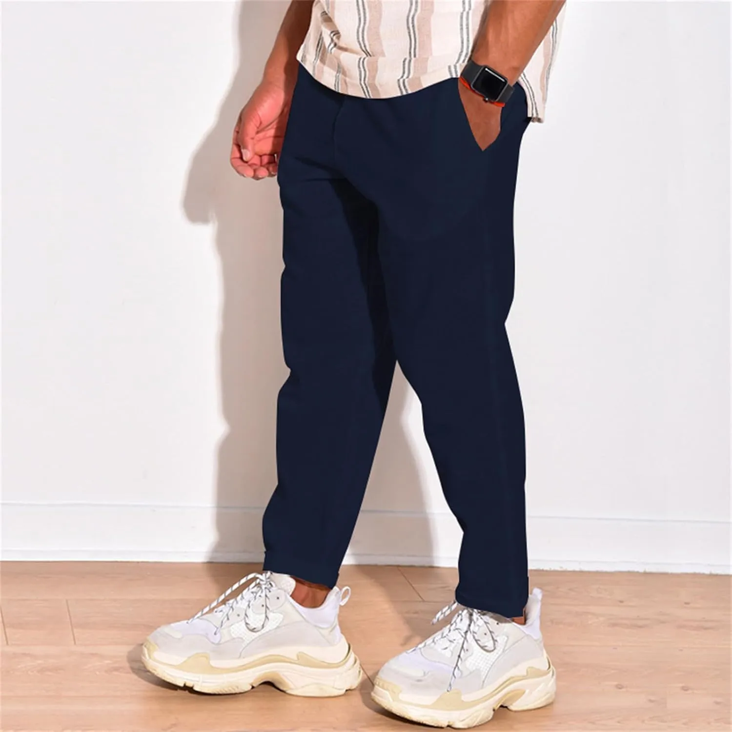 Cotton Linen Pants for Men Straight Legs Elastic Waist Casual Lightweight Regular Fit Pants Outdoor Business Trousers