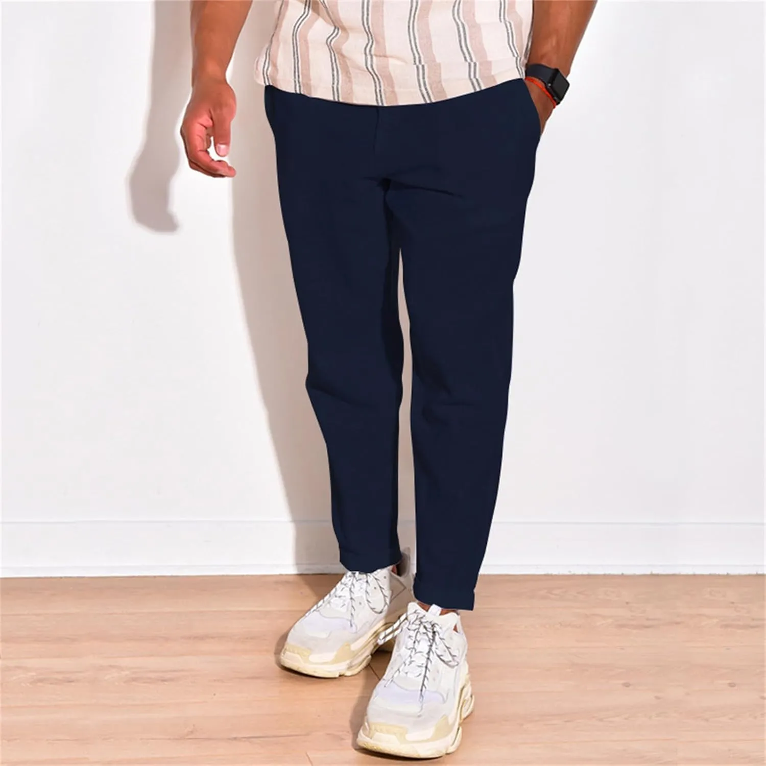 Cotton Linen Pants for Men Straight Legs Elastic Waist Casual Lightweight Regular Fit Pants Outdoor Business Trousers