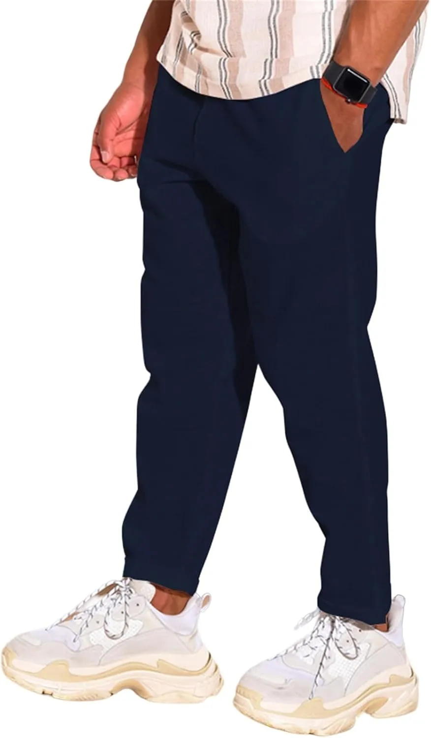 Cotton Linen Pants for Men Straight Legs Elastic Waist Casual Lightweight Regular Fit Pants Outdoor Business Trousers