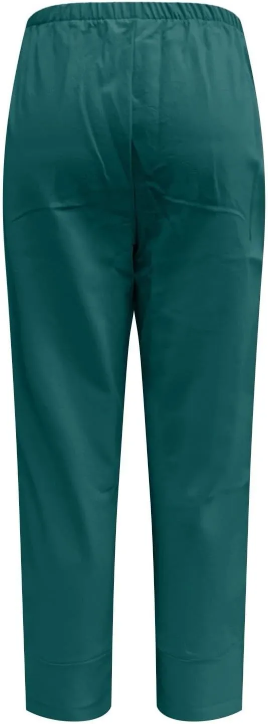 Cotton Linen Pants for Women Capris Plus Size Wide Leg Sweatpants Summer Beach Cropped Elastic Waist Capri Trousers