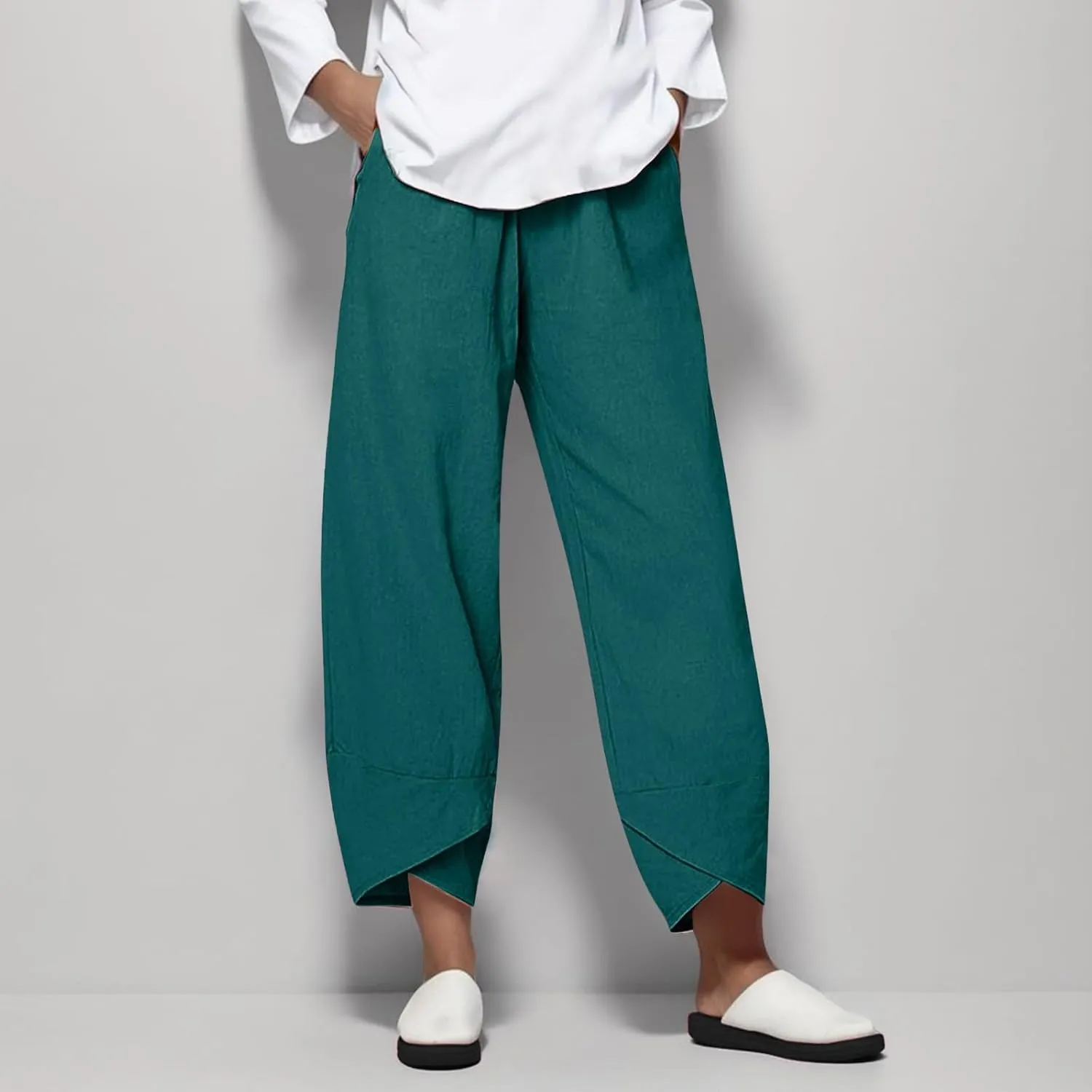 Cotton Linen Pants for Women Capris Plus Size Wide Leg Sweatpants Summer Beach Cropped Elastic Waist Capri Trousers