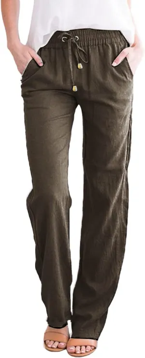 Cotton Linen Pants for Women Casual Loose Lightweight Beach Trousers Wide Leg Cropped Lounge Trousers with Pockets