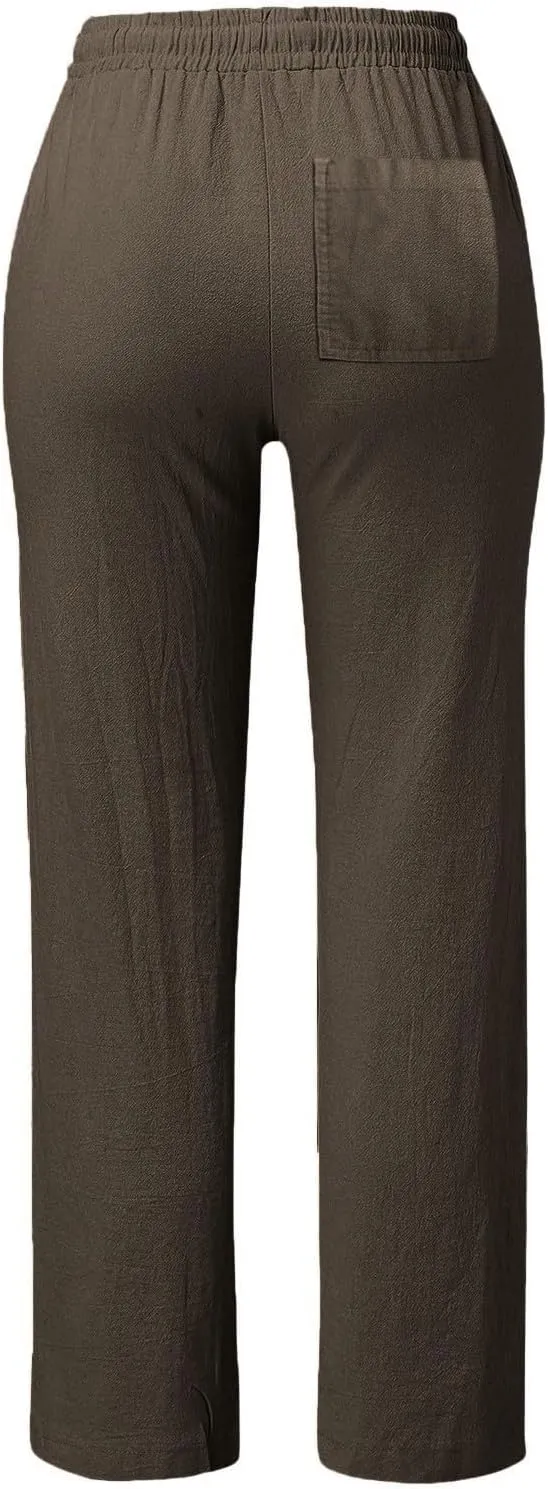 Cotton Linen Pants for Women Casual Loose Lightweight Beach Trousers Wide Leg Cropped Lounge Trousers with Pockets
