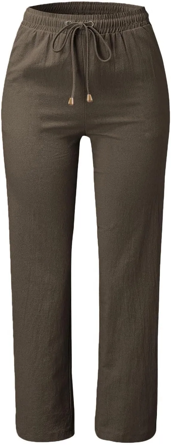 Cotton Linen Pants for Women Casual Loose Lightweight Beach Trousers Wide Leg Cropped Lounge Trousers with Pockets