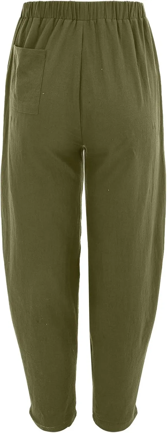 Cotton Linen Pants for Women Summer Casual Capri Pant Waist Elastic Comfy Loose Women's Palazzo Trousers with Pockets