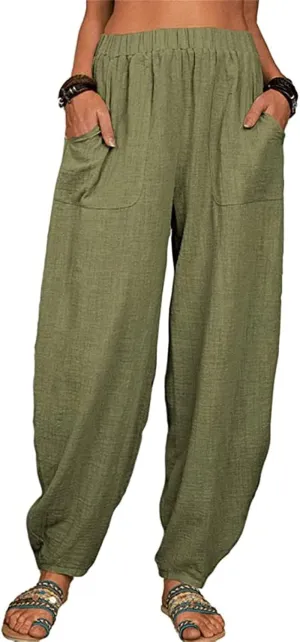 Cotton Linen Pants for Women Summer Casual Capri Pant Waist Elastic Comfy Loose Women's Palazzo Trousers with Pockets