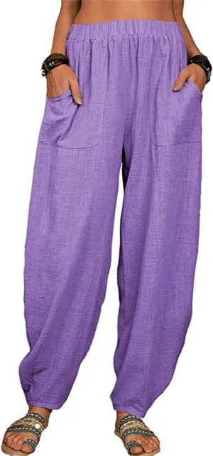 Cotton Linen Pants for Women Summer Casual Capri Pant Waist Elastic Comfy Loose Women's Palazzo Trousers with Pockets