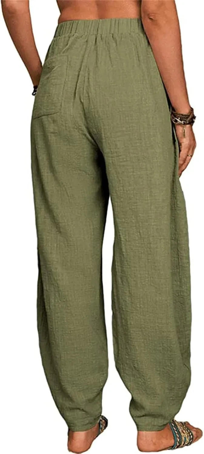 Cotton Linen Pants for Women Summer Casual Capri Pant Waist Elastic Comfy Loose Women's Palazzo Trousers with Pockets